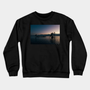 Two Fishermen at Work on Lake Inle in Early Morning, Myanmar Crewneck Sweatshirt